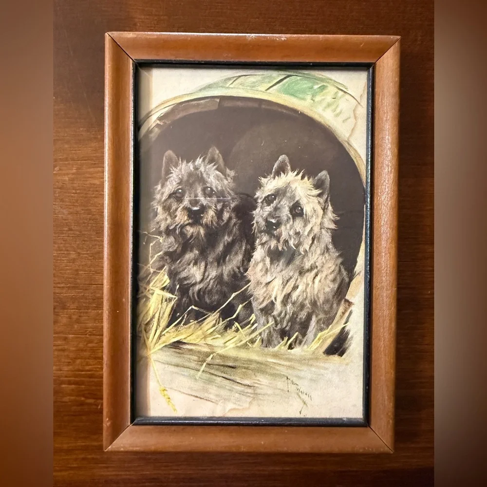 Miniature Vintage Terrier Dogs Drawing in Wood Frame - Picture 3 of 6
